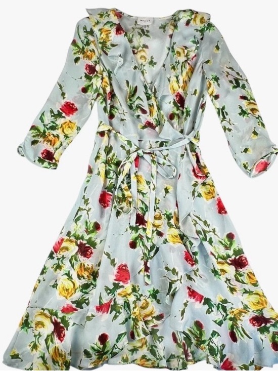 Milly of New York Dresses & Skirts - Milly of New York Light Blue Floral Wrap Midi Dress with Yellow & Red Roses
